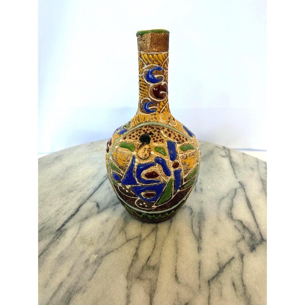 Vintage Japanese Moriage Bud Vase - Hand Painted Textured Ceramic Bottle - MCM
